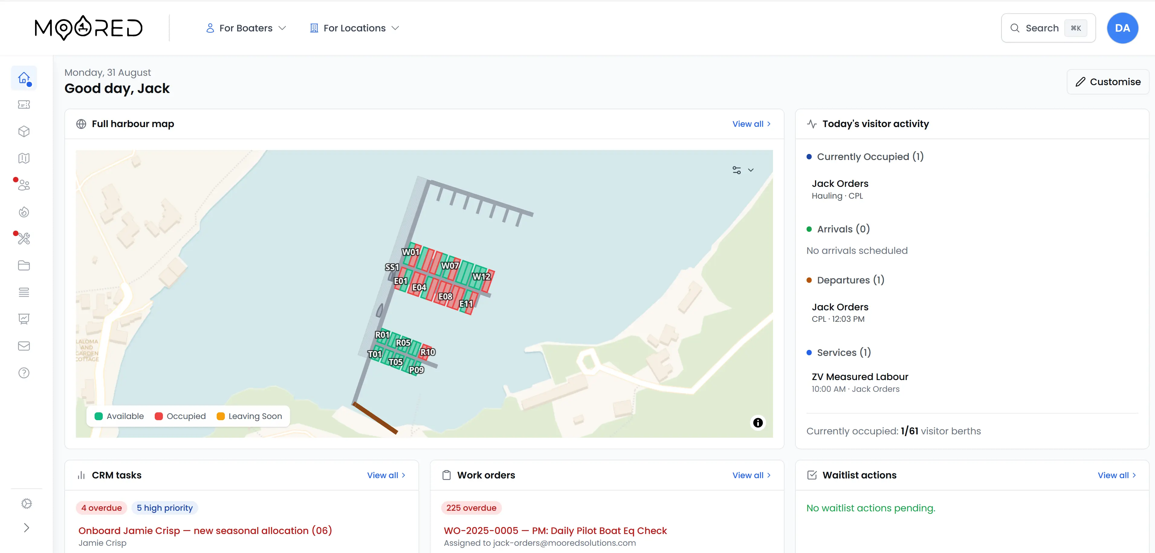 Moored staff dashboard showing a live harbour map with colour-coded berths, today's visitor activity, CRM tasks, work orders and waitlist actions